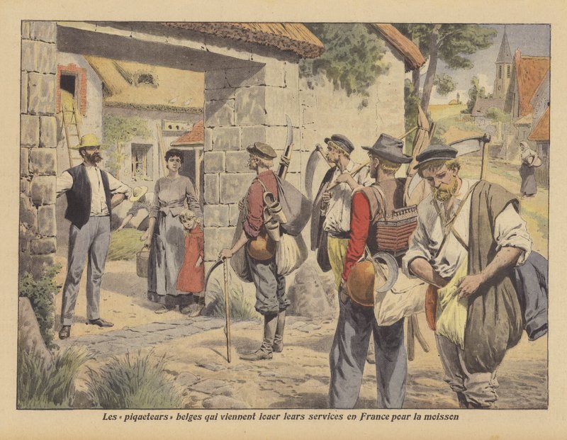 Belgiska lantarbetare söker arbete i Frankrike under skörden (färg litho) av French School