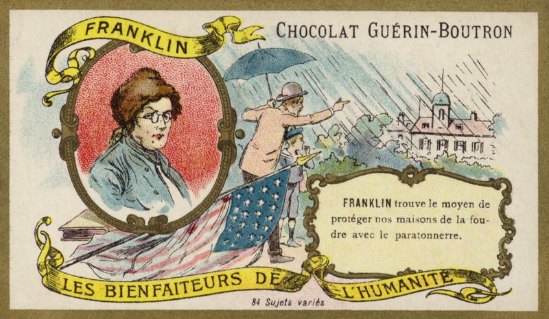 Benjamin Franklin, amerikansk vetenskapsman, uppfinnare och politiker (chromolitho) av French School