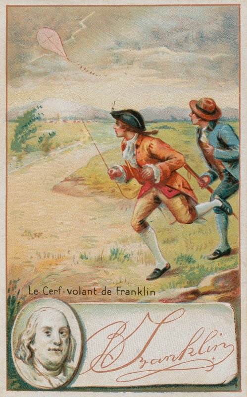 Benjamin Franklin flyger en drake som träffas av blixten av French School