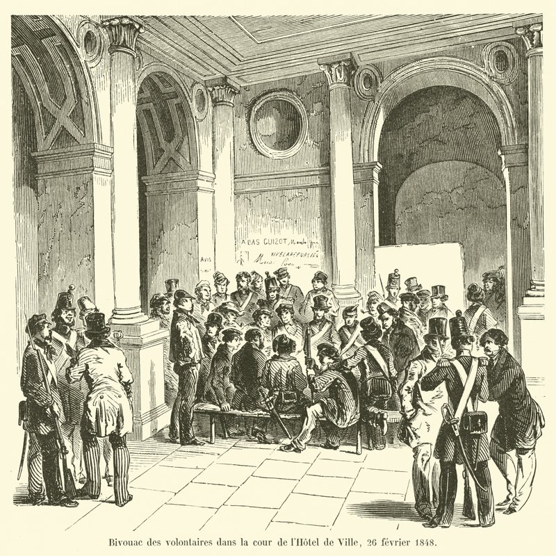 Bivack av frivilliga på innergården till Hôtel de Ville, 26 februari 1848 av French School