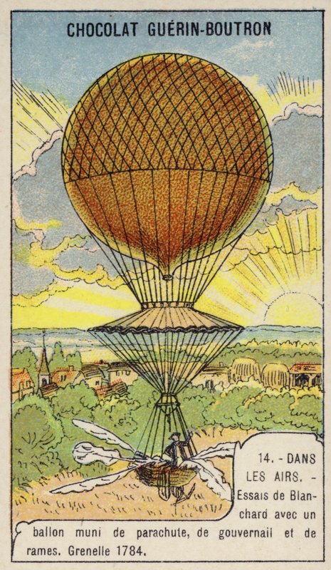 Blanchard testar sin ballong utrustad med fallskärm, roder och åror, Grenelle, Frankrike av French School