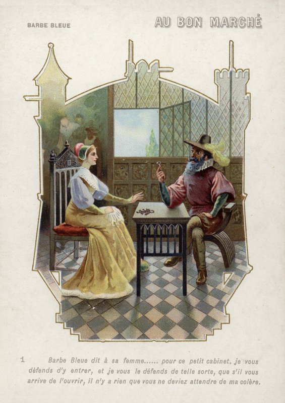 Blåskägg förbjuder sin fru att komma in i hans rum (chromolitho) av French School