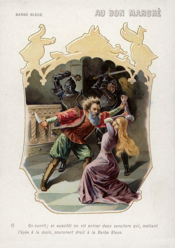 Blåskäggs fru räddas från döden i sin mans hand genom att hennes bröder kommer (chromolitho) av French School