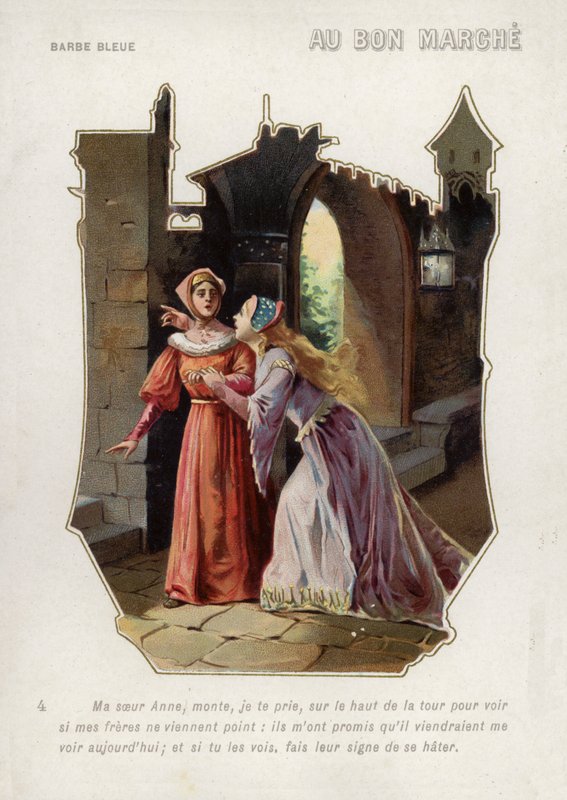Blåskäggs fru säger åt sin syster, Anne, att klättra upp i slottets torn och hålla utkik efter sina bröder (chromolitho) av French School
