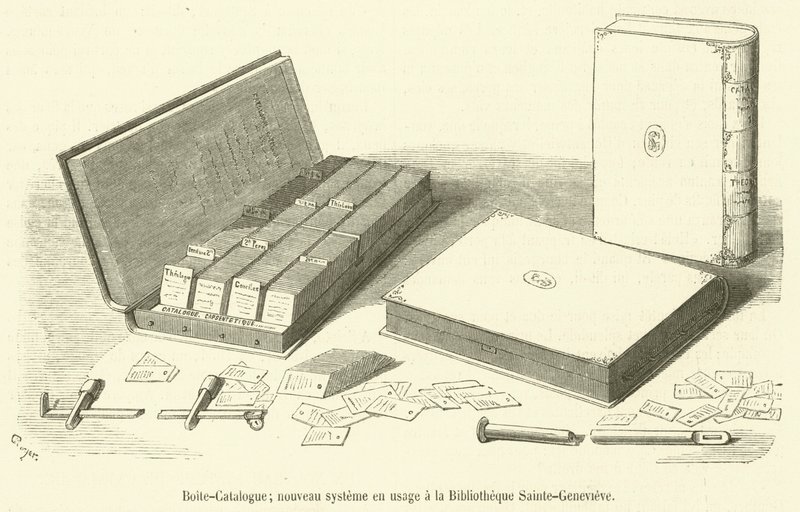 Boite-Catalogue, nytt system som används vid Bibliotheque Sainte-Genevieve (gravyr) av French School