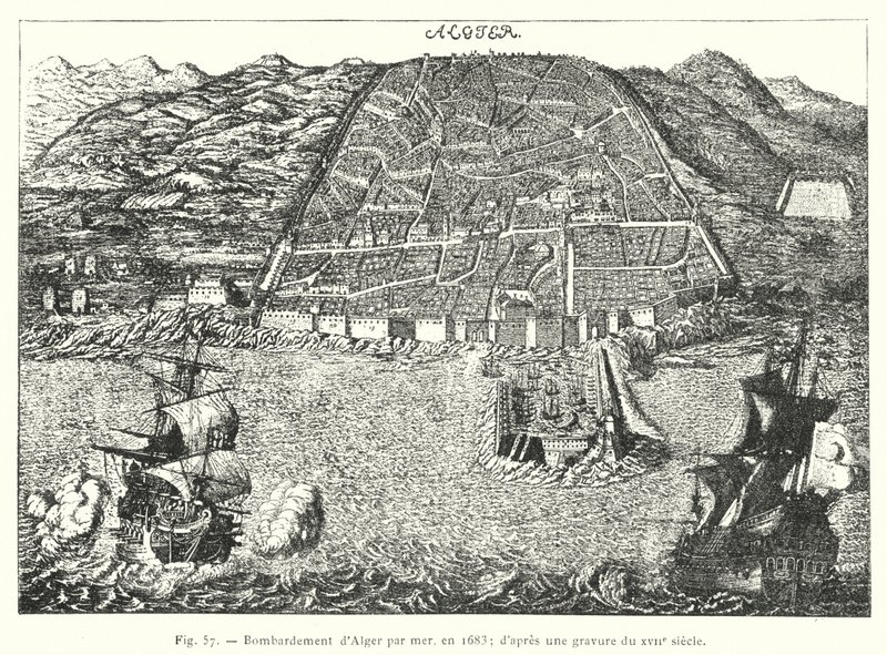 Bombardering av Alger till sjöss, 1683; efter en gravyr från 1600-talet (gravyr) av French School