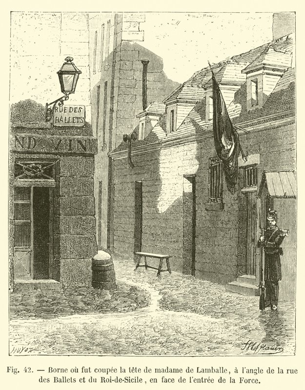 Pollare där Madame de Lamballes huvud skars av, i hörnet av rue des Ballets och rue du Roi-de-Sicile, mittemot ingången till La Force av French School