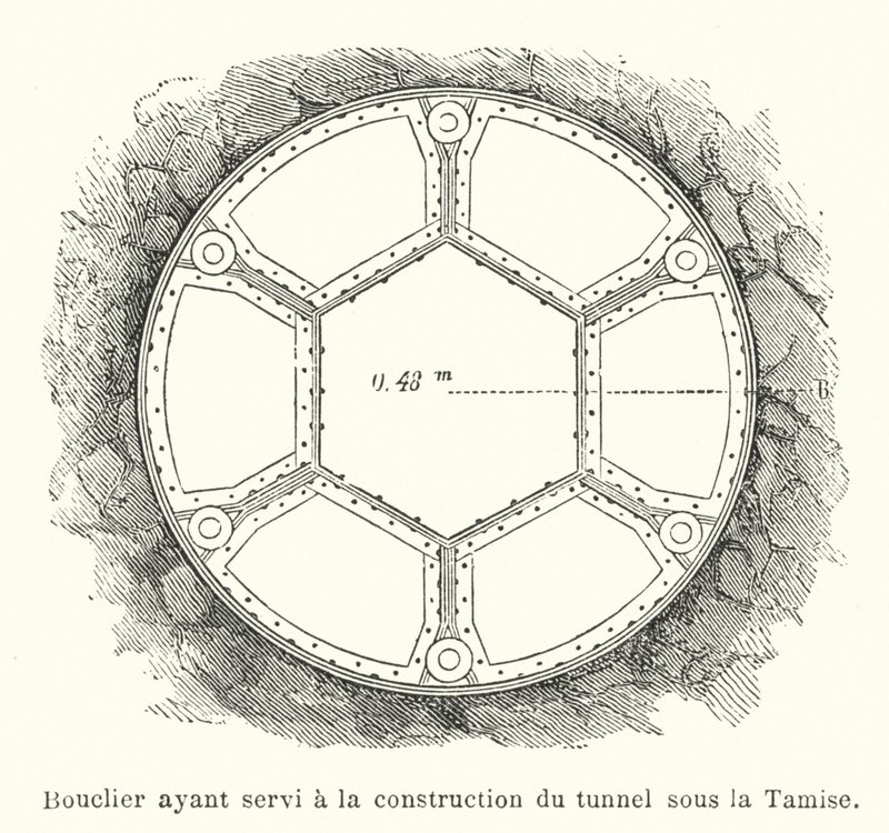 Sköld som användes vid byggandet av tunneln under Themsen (gravyr) av French School