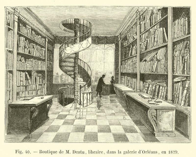 Butik av M Dentu, bokhandlare, i galleriet i Orleans, 1829 av French School