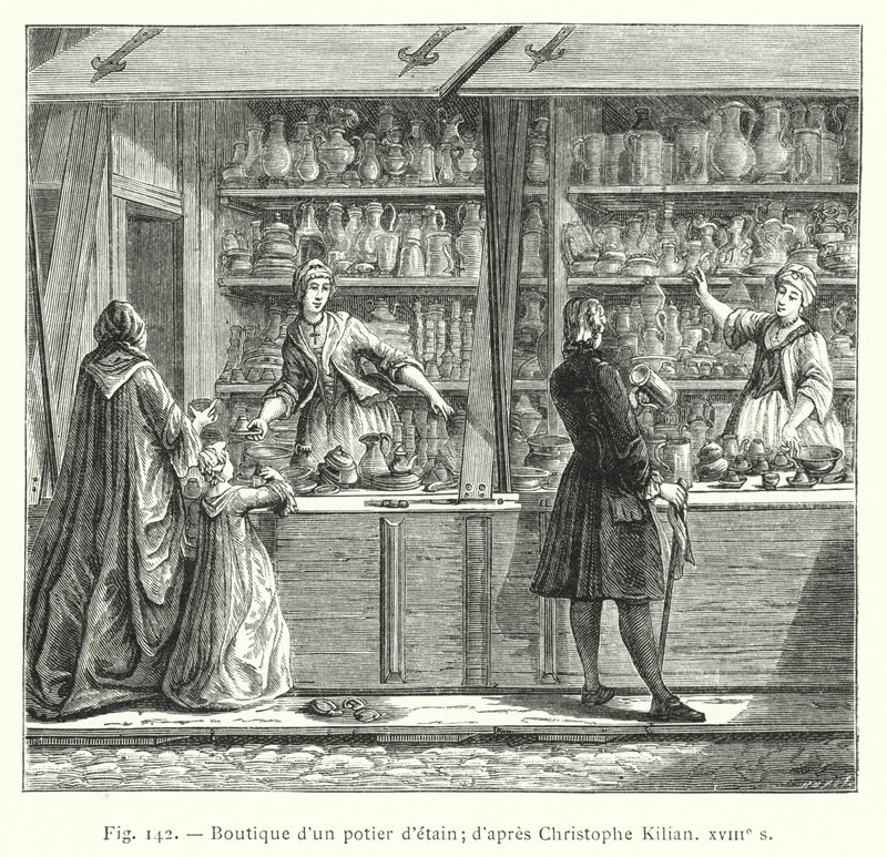 En krukmakare i tenn; efter Christophe Kilian, 1700-tal (gravyr) av French School