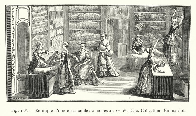 Butik för en modehandlare på 1700-talet, Bonnardot Collection (gravyr) av French School