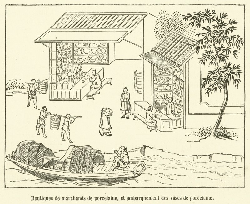 Butiker av porslinshandlare och ombordstigning av porslinsvaser (gravyr) av French School