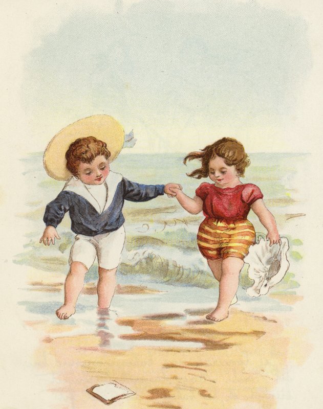 Pojke och flicka som leker på stranden av French School