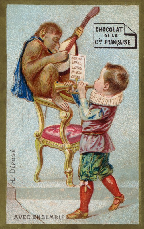 Pojke och apa spelar musikinstrument tillsammans (chromolitho) av French School