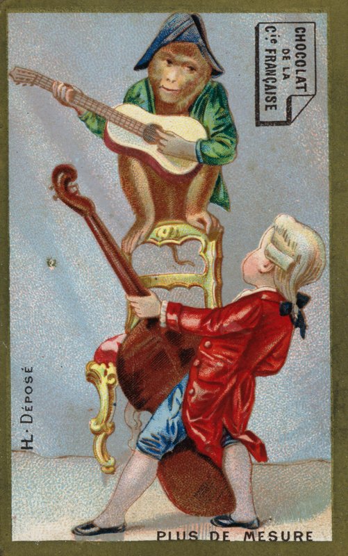 Pojke och apa spelar musikinstrument tillsammans (chromolitho) av French School