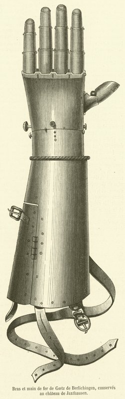 Bras et main de fer de Goetz de Berlichingen, konserver au chateau de Jaxthausen (gravyr) av French School