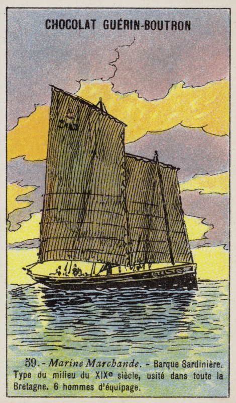 Bretonsk sardinfiskebåt, mitten av 1800-talet (chromolitho) av French School