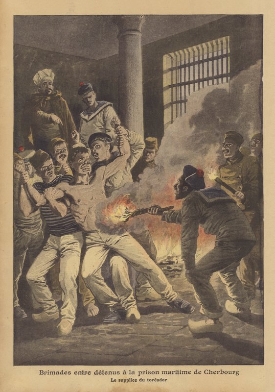 Mobbning bland fångar i sjöfängelset i Cherbourg (färg litho) av French School