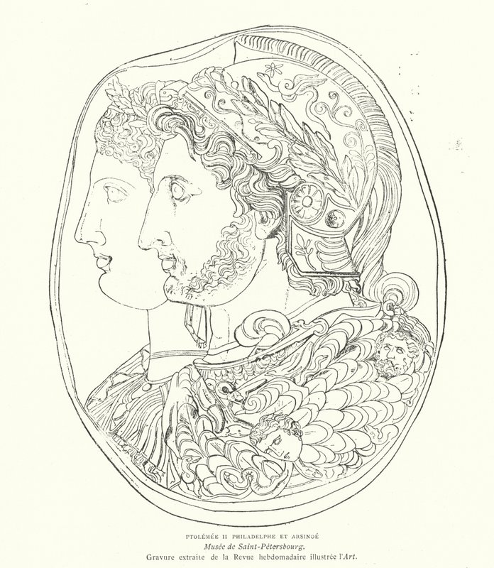 Kameo av den forntida egyptiske farao Ptolemaios Philadelphus och hans hustru Arsinoe, 3:e århundradet f.Kr. (gravyr) av French School