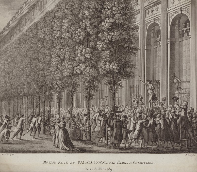 Camille Desmoulins ger en uppmaning till folket på Palais Royal, Paris av French School