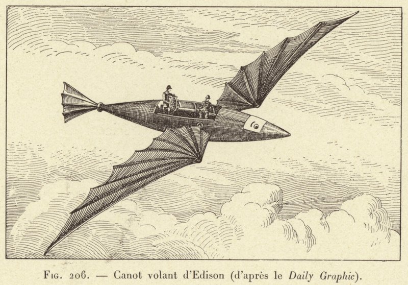 Edisons flygande kanot (från Daily Graphic) (gravyr) av French School