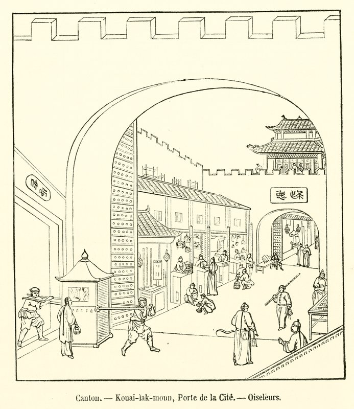 Kanton, Kouai-lak-moun, Stadsporten, Fågelfångare (gravyr) av French School
