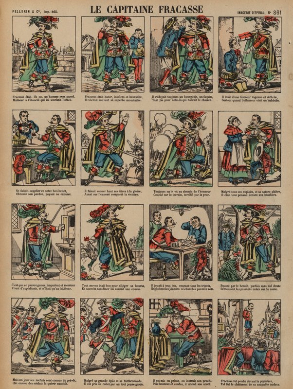 Kapten Fracasse, roman av den franske författaren Theophile Gautier (färgad gravyr) av French School