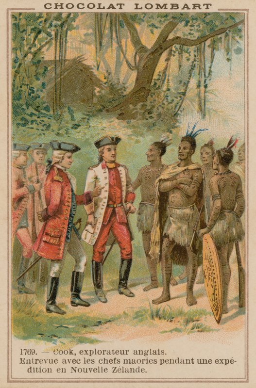 Kapten James Cook möte med maorihövdingar i Nya Zeeland, 1769 av French School