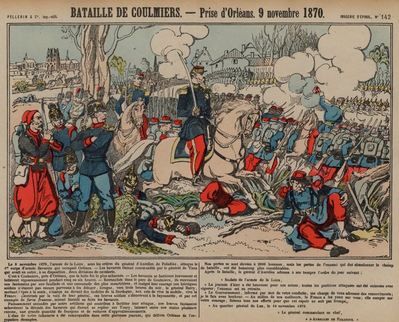 Erövring av Orleans av fransmännen efter slaget vid Coulmiers, fransk-preussiska kriget, 9 november 1870 (färgad gravyr) av French School