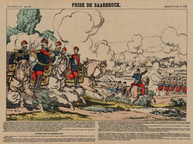 Erövring av Saarbrücken av det franska, fransk-preussiska kriget, 2 augusti 1870 (färgad gravyr) av French School