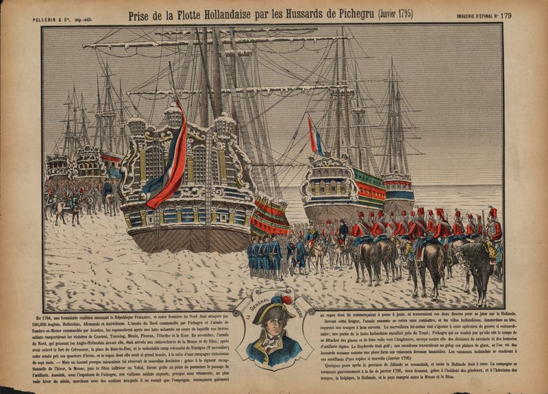 Erövring av den holländska flottan på den frusna Ijsselmeer av franska husarer under befäl av general Pichegru, januari 1795 (färgad gravyr) av French School