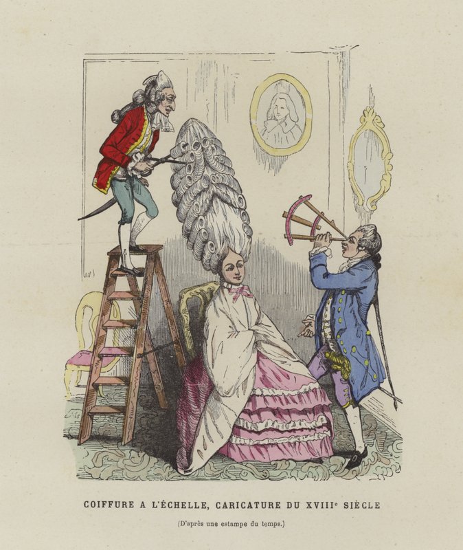 Karikatyr på franska kvinnors frisyrer från 1700-talet av French School