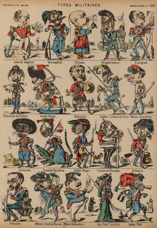Karikatyrer av militära figurer (färgad gravyr) av French School