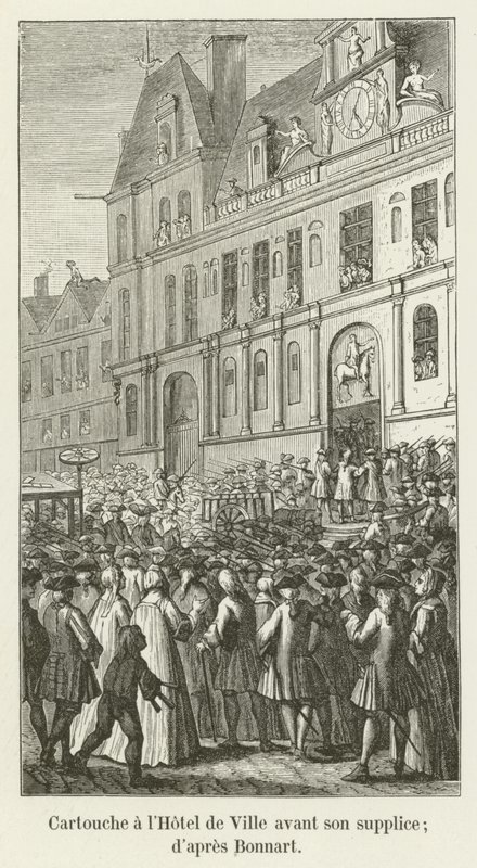 Cartouche på Hôtel de Ville före hans avrättning; enligt Bonnart av French School