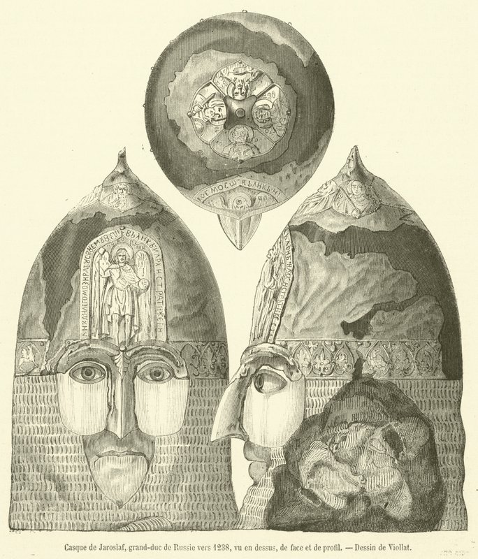 Hjälm av Jaroslav, storhertig av Ryssland omkring 1238, sett uppifrån, framifrån och i profil (gravyr) av French School