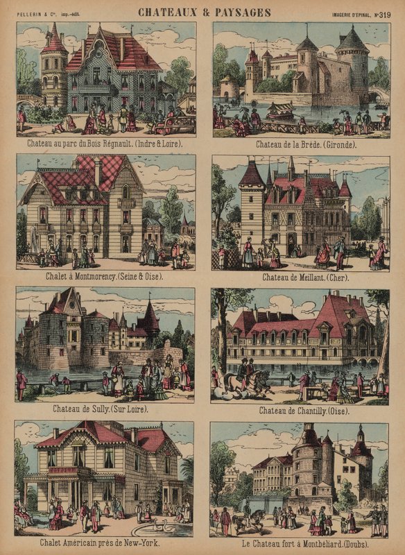 Slott och landskap (färgad gravyr) av French School