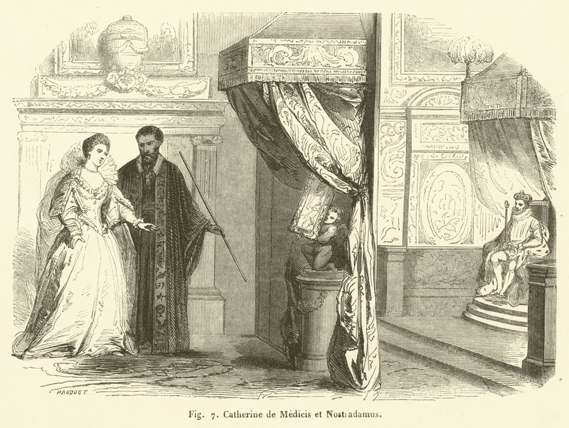 Catherine de Medici och Nostradamus (gravyr) av French School