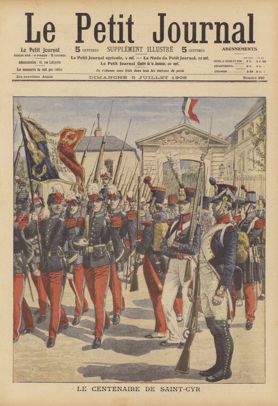 Hundraårsjubileet av inrättandet av den franska militärakademin i Saint-Cyr, Paris (färg litho) av French School