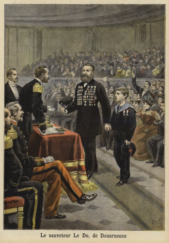 Ceremoni för att hedra Mr Le Du, en räddare från Douarnenez, Bretagne, 1897 av French School