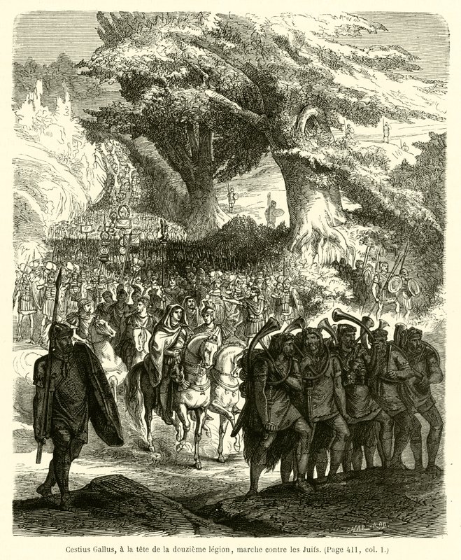 Cestius Gallus, i spetsen för den tolfte legionen, marscherar mot judarna (gravyr) av French School