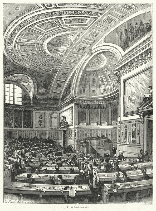 Chambre des Pairs (kammarkammaren), överhuset i det franska parlamentet från 1814 till dess avskaffande efter revolutionen 1848 (gravyr) av French School