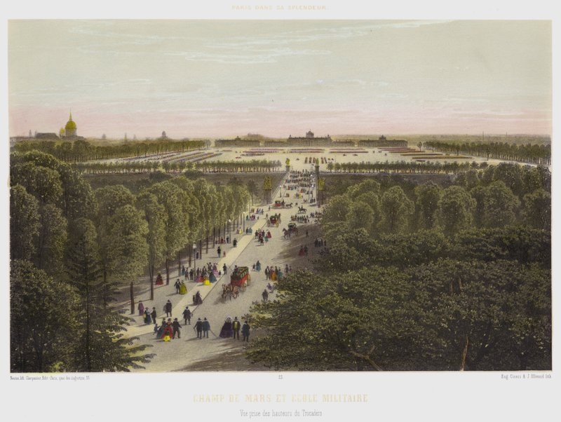 Champ De Mars och militärskolan, utsikt tagen från Trocaderos höjder (färg litho) av French School