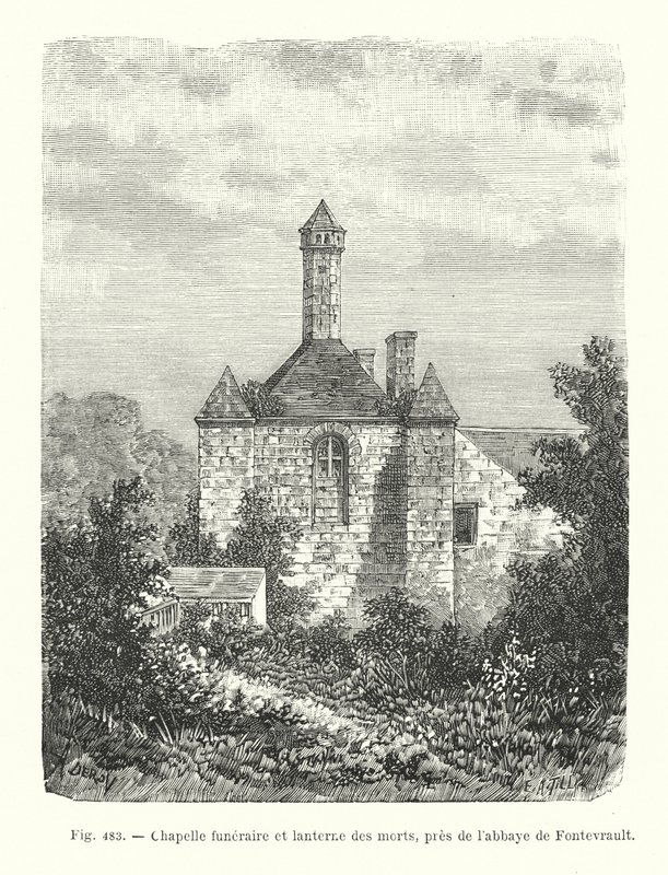 Begravningskapell och de dödas lykta, nära Fontevrault Abbey (gravyr) av French School