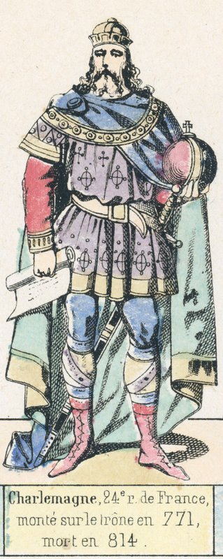 Karl den Store, Frankrikes 24:e kung, besteg tronen 771, dog 814 (färgad gravyr) av French School