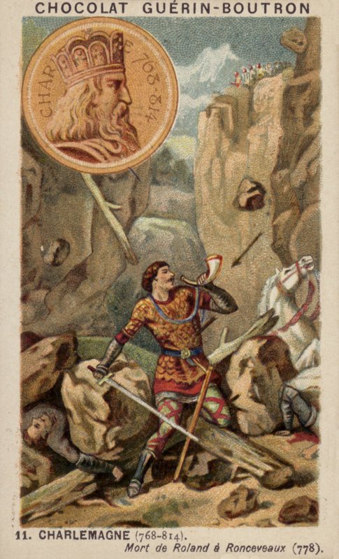 Karl den Store och Rolands död i Ronceveaux, 778 (chromolitho) av French School
