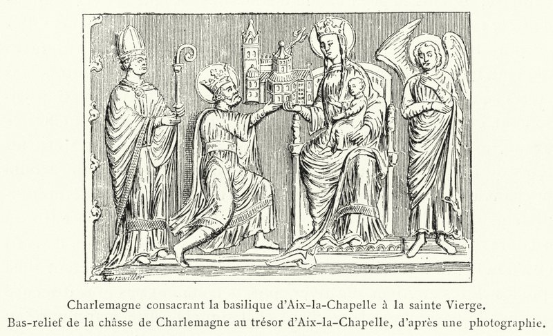 Karl den Store inviger basilikan Aix-la-Chapelle till den heliga jungfrun, basrelief av Karl den Stores jakt på skattkammaren i Aix-la-Chapelle (gravyr) av French School