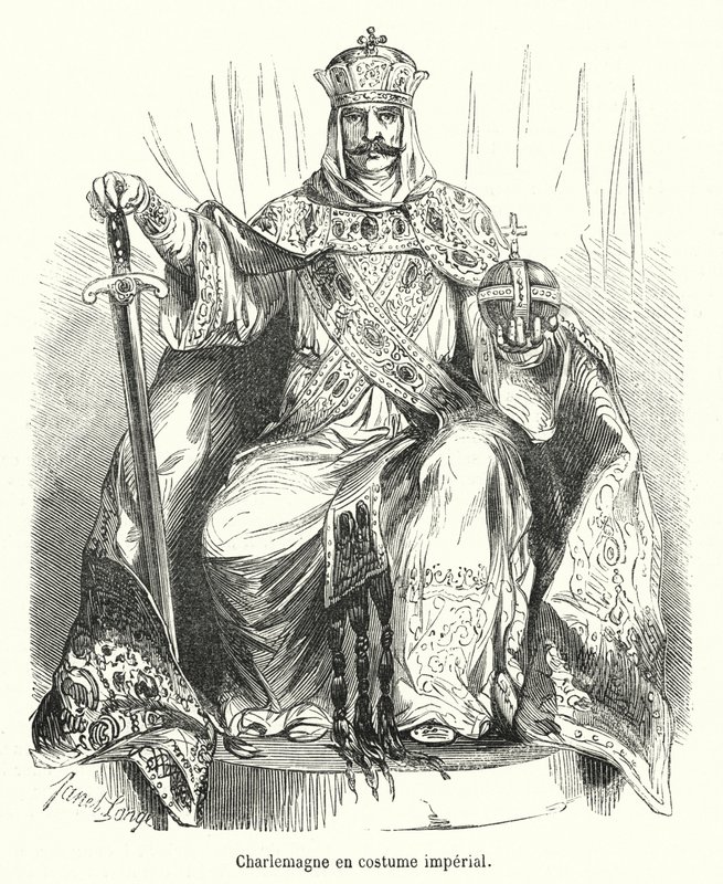 Charlemagne en kejserlig kostym (gravyr) av French School