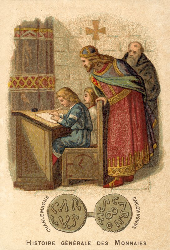 Karl den Store tittar på barn som skriver i skolan (chromolitho) av French School