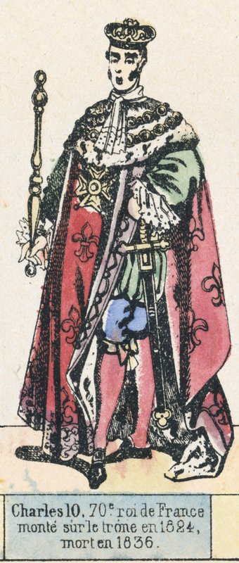Karl 10, Frankrikes 70:e kung, besteg tronen 1824, dog 1836 (färgad gravyr) av French School