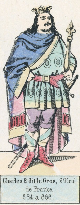 Charles 2 dit le Gros, 29:e kungen av Frankrike, 884 till 888 (färgad gravyr) av French School